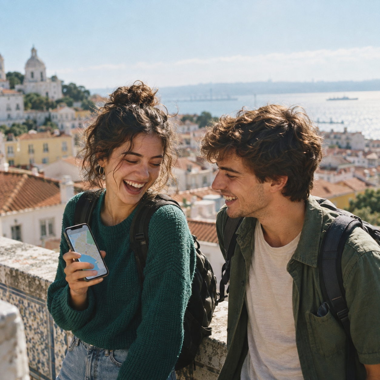 Two friends laughing on a Lisbon rooftop, one checking a map on her phone