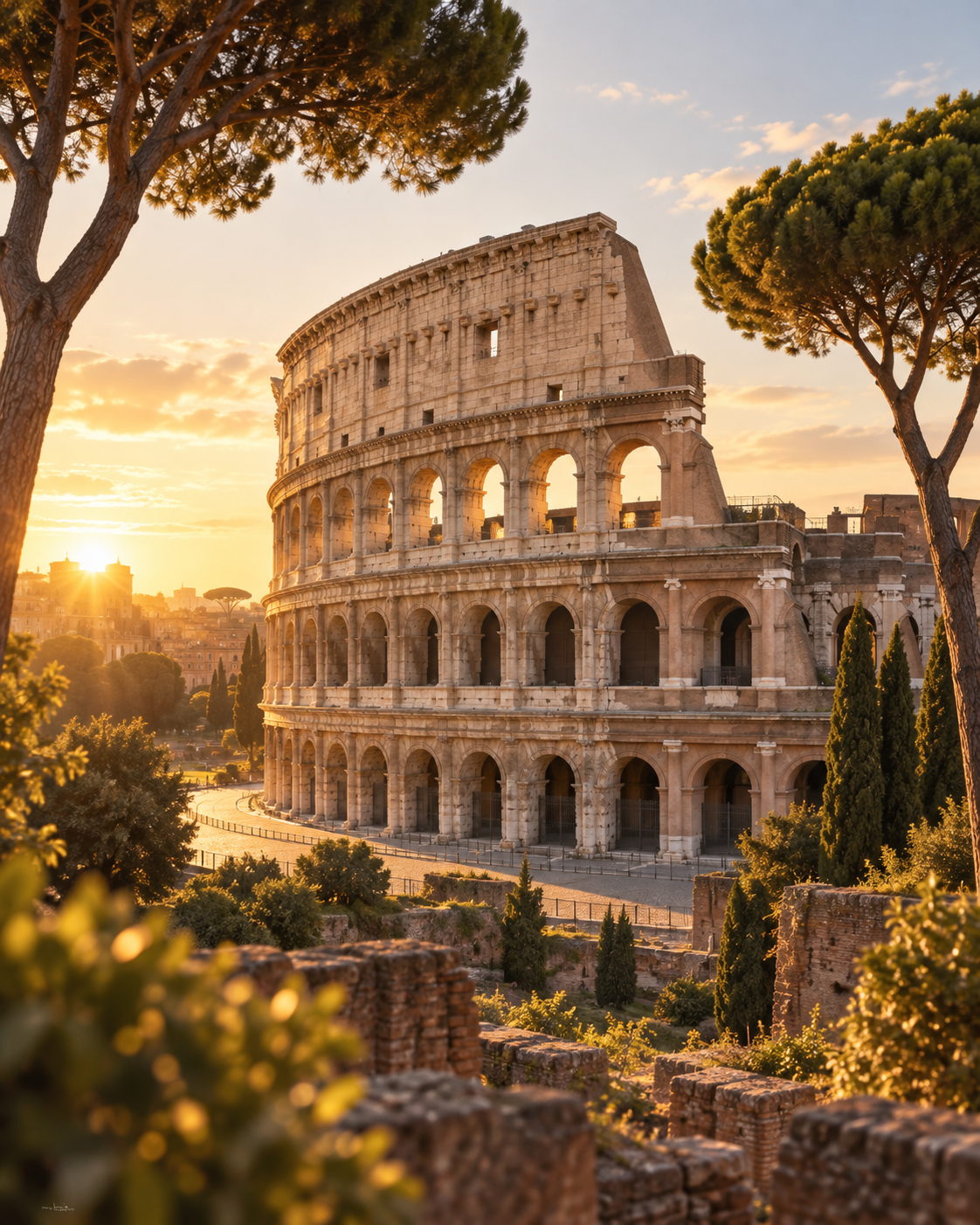 The Colosseum in Rome at golden hour framed by umbrella pines