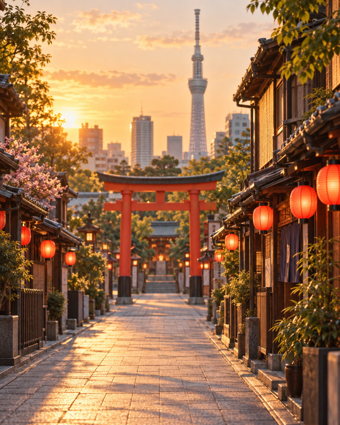 A Tokyo street at golden hour with red lanterns, a torii gate and the Skytree behind