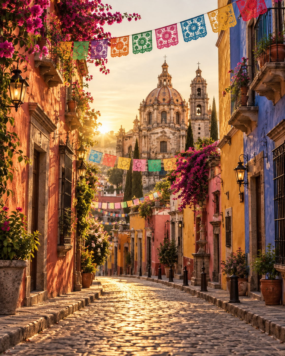 A colourful Mexican street with papel picado banners and a baroque church dome