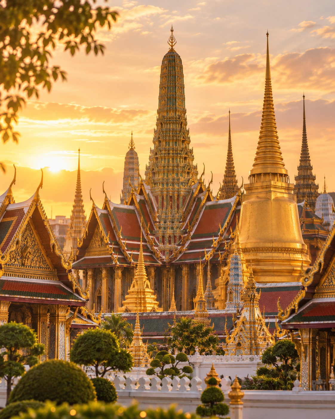 The golden spires and tiered roofs of a Bangkok temple at sunset