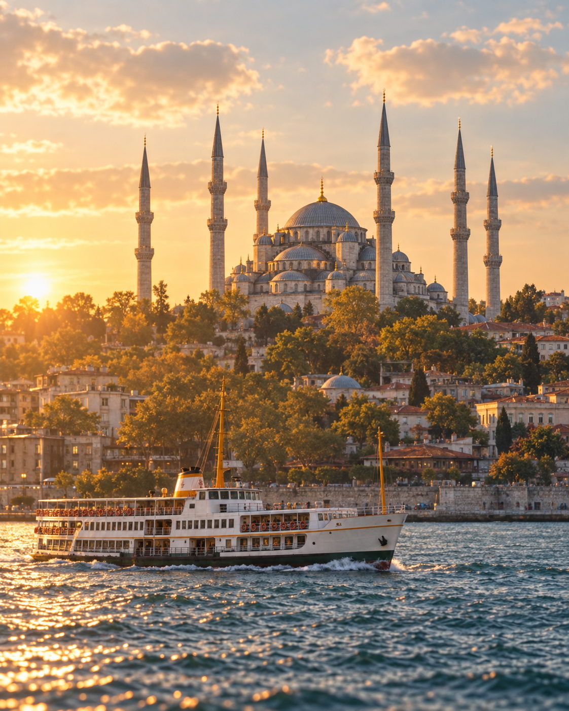 The Blue Mosque domes and minarets over the Bosphorus with a ferry at sunset