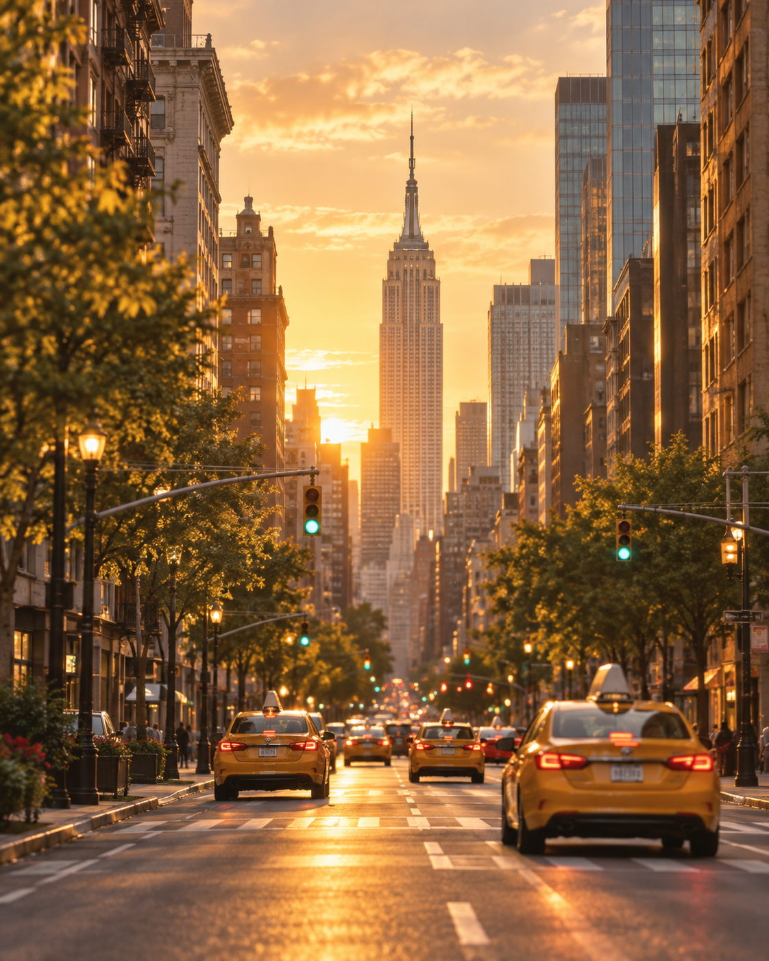 A New York avenue with yellow taxis and the Empire State Building at sunset